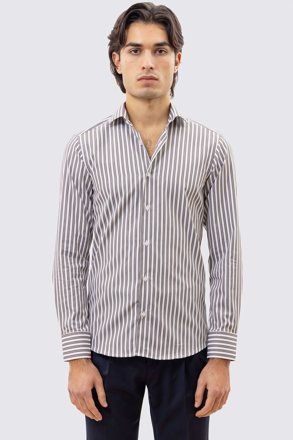 CAMICIA BIANCA RIGA MARRONE E CELESTE SLIM FIT 100% COTONE COLLO SEMI FRANCESE POLSO SMUSSATO MILETA TESSUTI