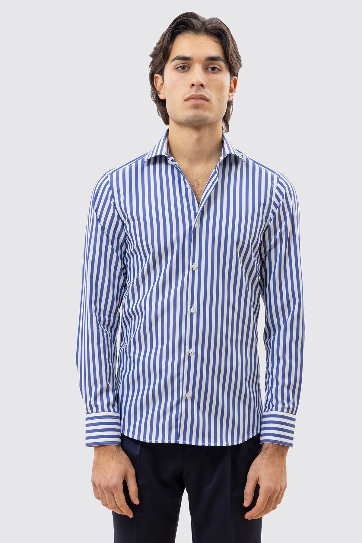 CAMICIA BIANCA RIGA LARGA BLU SLIM FIT 100% COTONE COLLO SEMI FRANCESE POLSO SMUSSATO MILETA TESSUTI