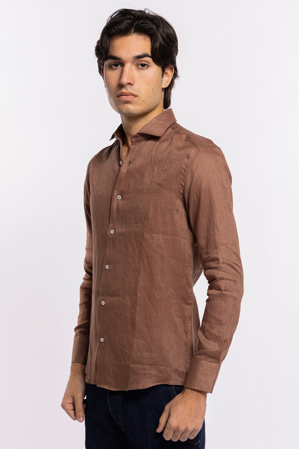 Camicia Uomo Marrone in Lino 100% made in italy collo semi francese morbido slim fit