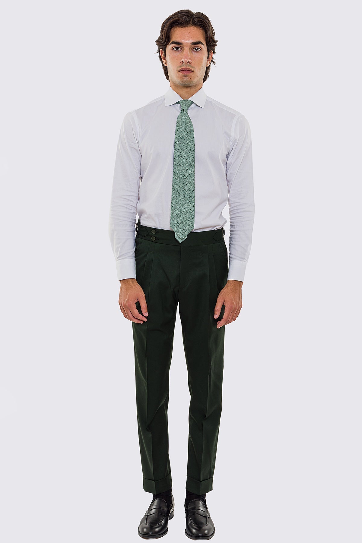 Pantalone uomo verde vita alta con fibbie laterali tasca america in fresco lana 100% Vitale Barberis Canonico risvolto 5cm