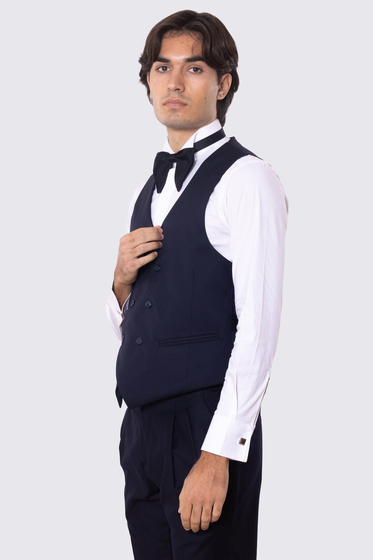Gilet uomo doppiopetto blu da cerimonia in fresco lana super 130's Vitale Barberis Canonico regular fit con tasche a filo e gancio regolatore sul retro
