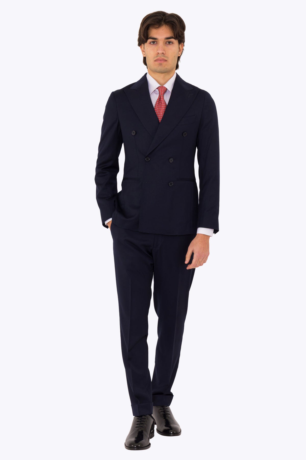 Abito uomo Doppiopetto blu notte fresco lana super 110's Tessuti in esclusiva Sartoria Carillo completamente sfoderato con Rever a lancia e tasche a filetto