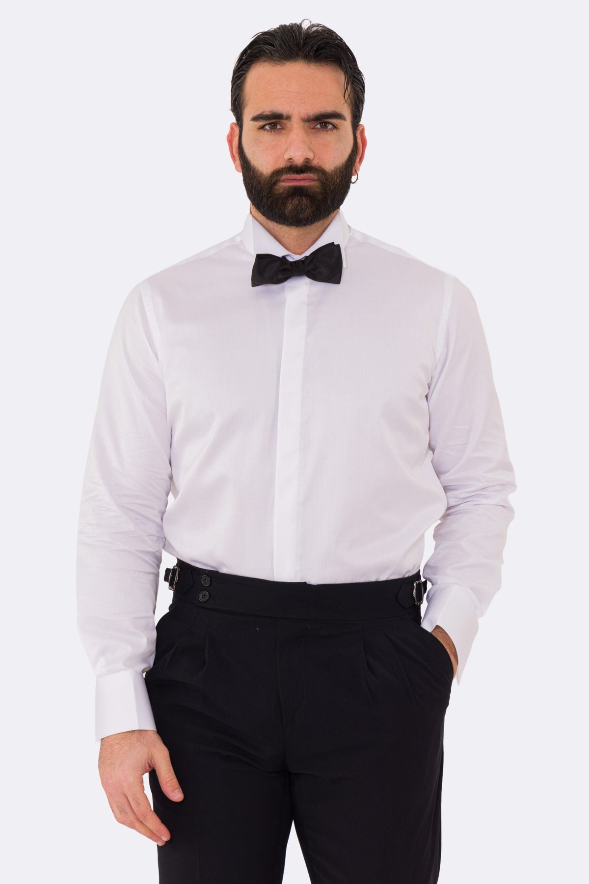 Camicia Bianca regular fit collo diplomatico bottoni a scomparsa 100% Cotone Da uomo polso gemelli fintone a scomparsa dietro al collo per papillon slim fit