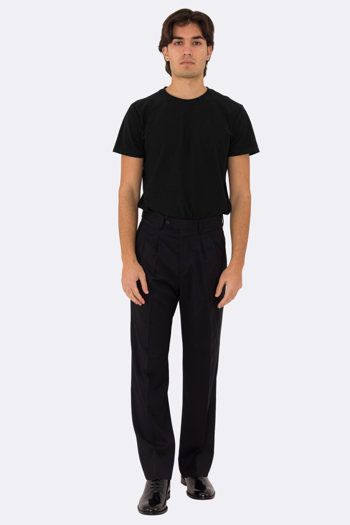 Pantalone japan nero con passanti uomo in fresco lana super 110's Tessuti in esclusiva Sartoria Carillo vita alta doppia pinces