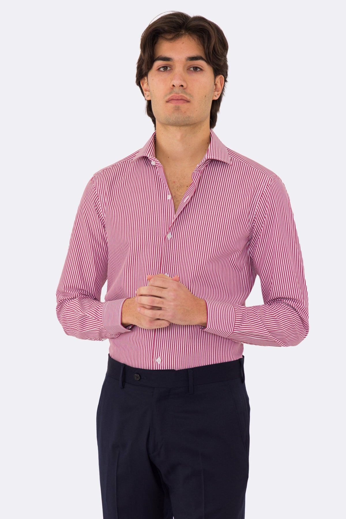Camicia rossa a righe medie slim Fit uomo 100% cotone popeline collo semi francese Tessuti Twill
