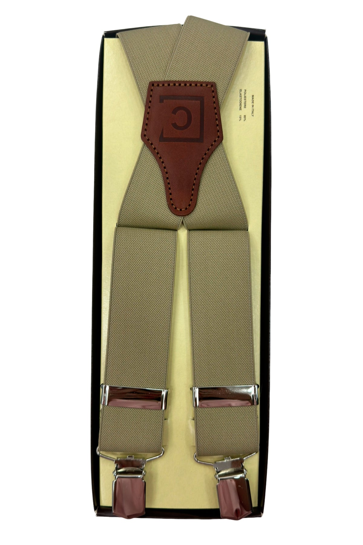 Bretelle da uomo beige Elasticizzate 3,5 cm regolabili con chiusura pinze argento