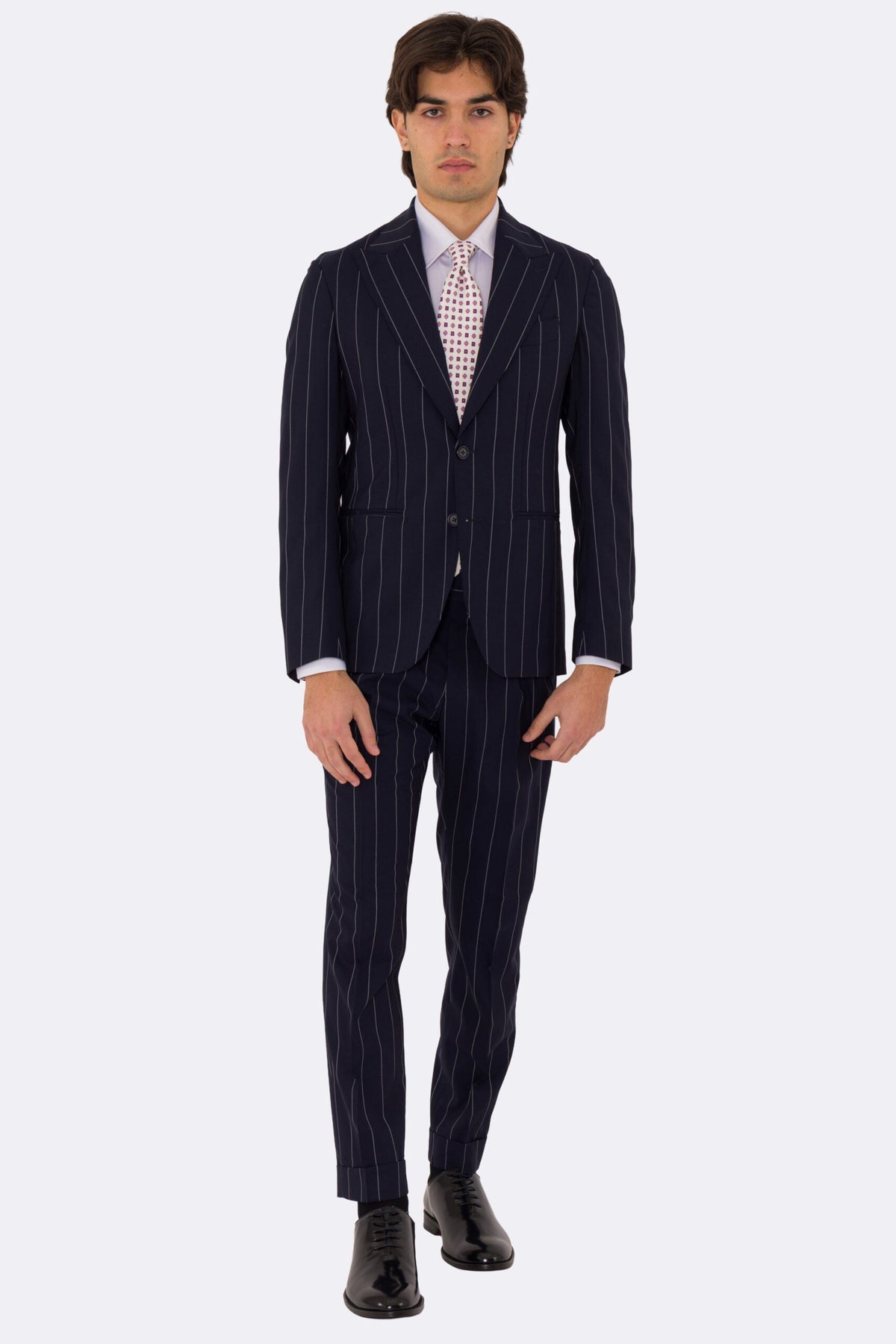 Abito uomo Monopetto blu gessato bianco fresco lana super 110's Tessuti in esclusiva Sartoria Carillo completamente sfoderato con Rever a lancia e tasche a filetto