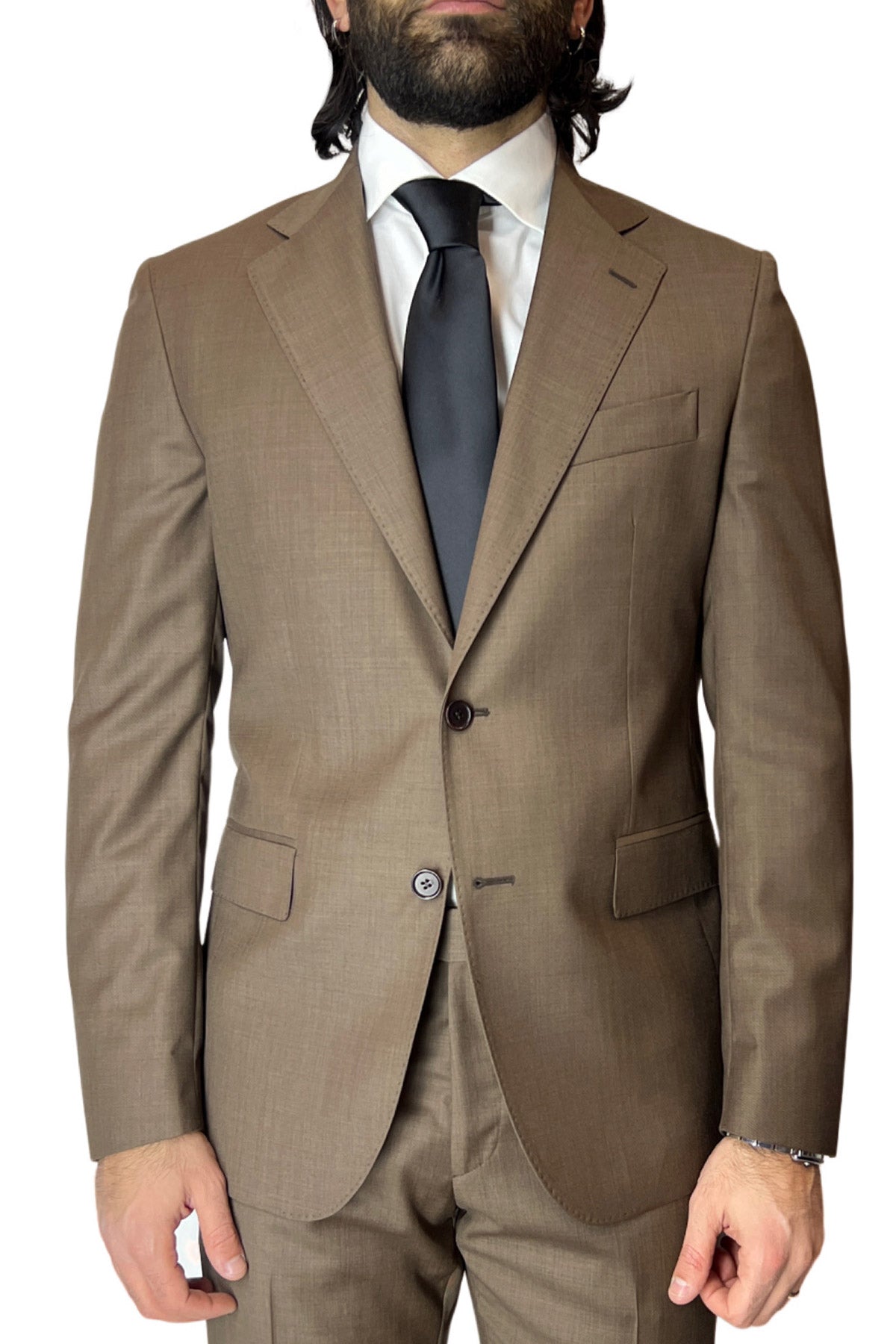 Giacca uomo monopetto Marrone grisaglia in fresco lana super 130's Vestibilità Regular Fit Rever classico