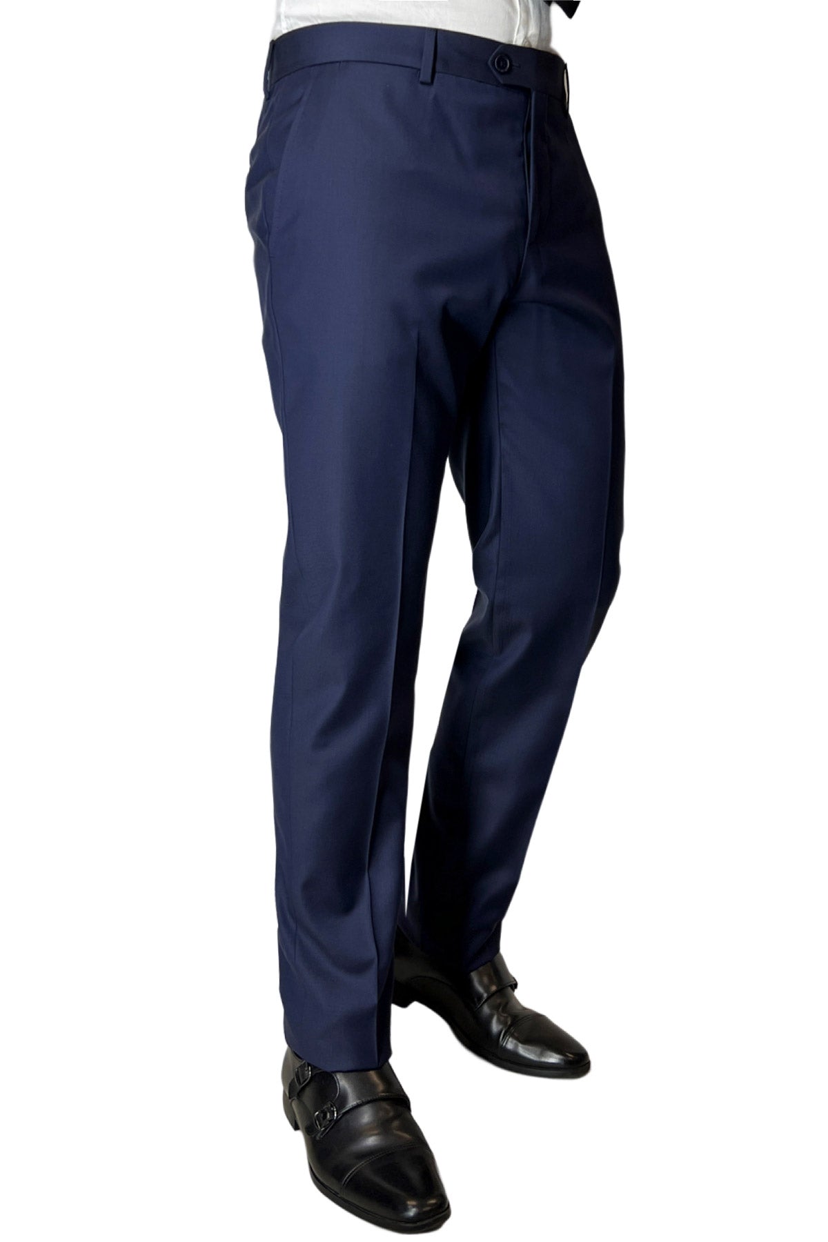 Pantalone uomo tasca america navy blu tinta unita in fresco lana super 130's vestibilita slim fit