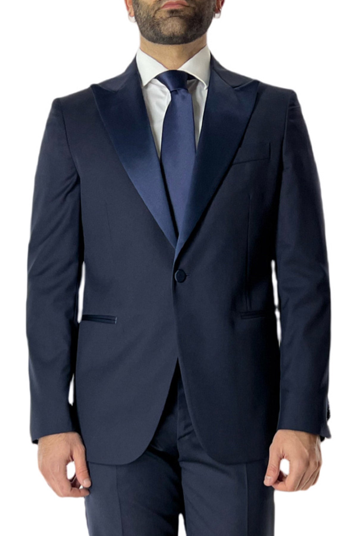 Giacca Smoking uomo monopetto Navy blu tinta unita in fresco lana super 140's Vestibilità Slim Fit Rever a Lancia
