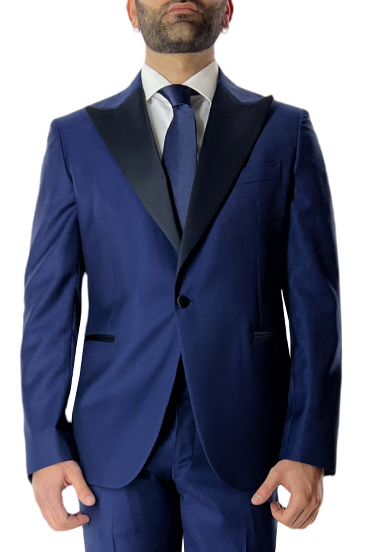 Giacca Smoking uomo monopetto royal blu tinta unita in fresco lana super 140's Vestibilità Slim Fit Rever a Lancia