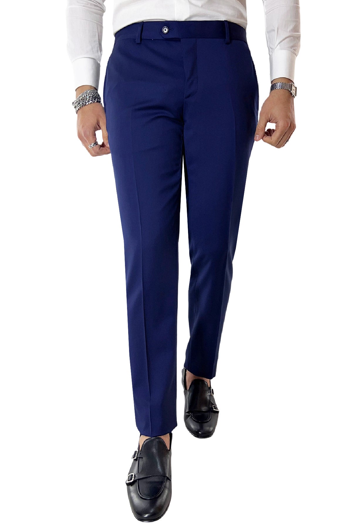 Pantalone uomo tasca america royal blu tinta unita in fresco lana super 140's vestibilita slim fit