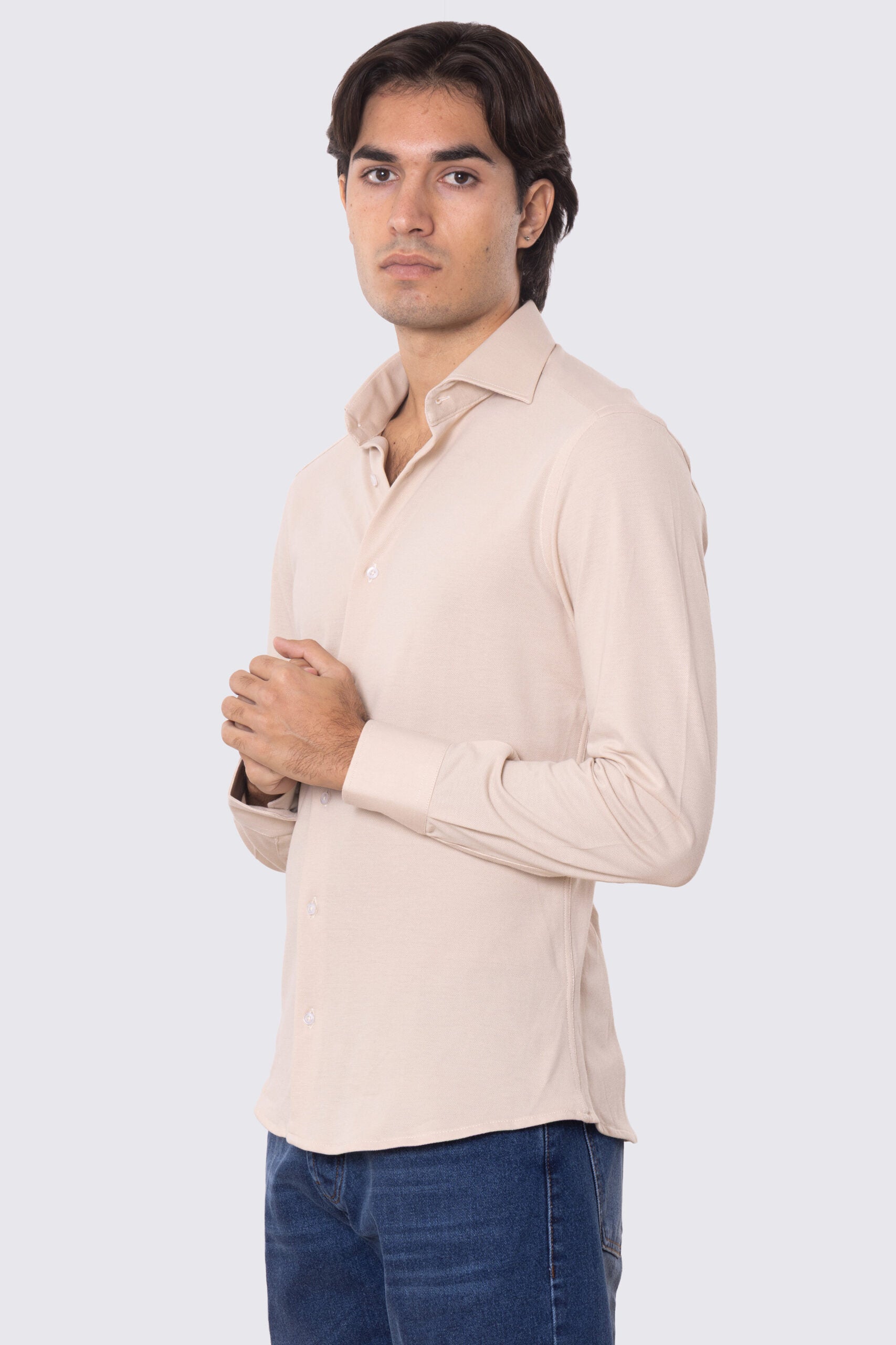 Camicia Uomo beige in piquet slim fit cotone 100% Collo semi francese tinta unita sartoriale