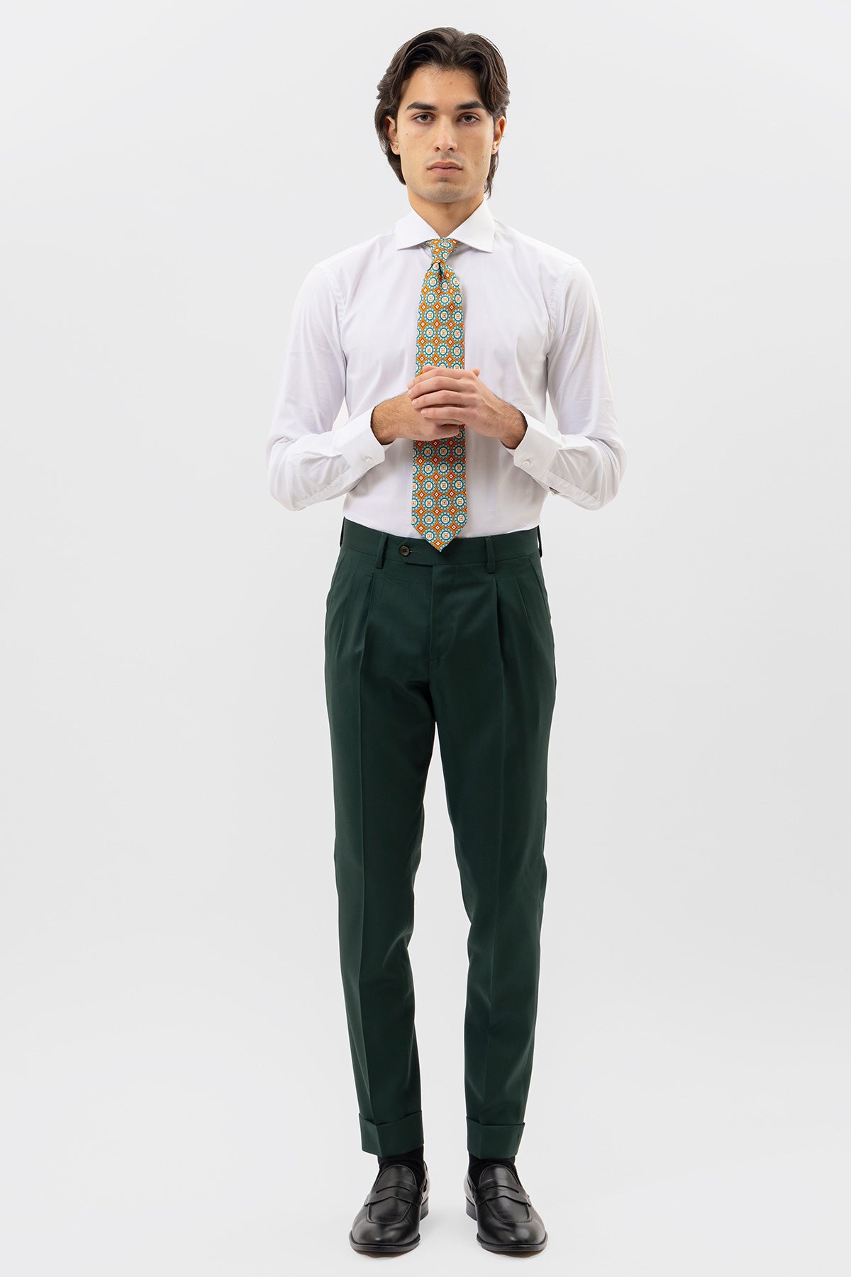 Pantalone Verde Bottiglia Vita  Alta Uomo Fresco Lana Super 130's Bristol Tessuti Con Doppia Pinces E Risvolto 5cm