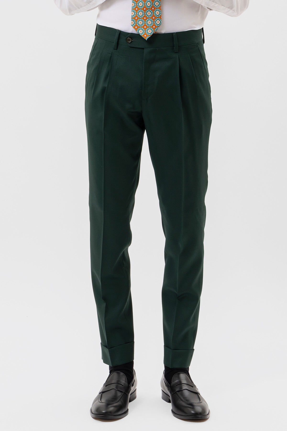 Pantalone Verde Bottiglia Vita  Alta Uomo Fresco Lana Super 130's Bristol Tessuti Con Doppia Pinces E Risvolto 5cm