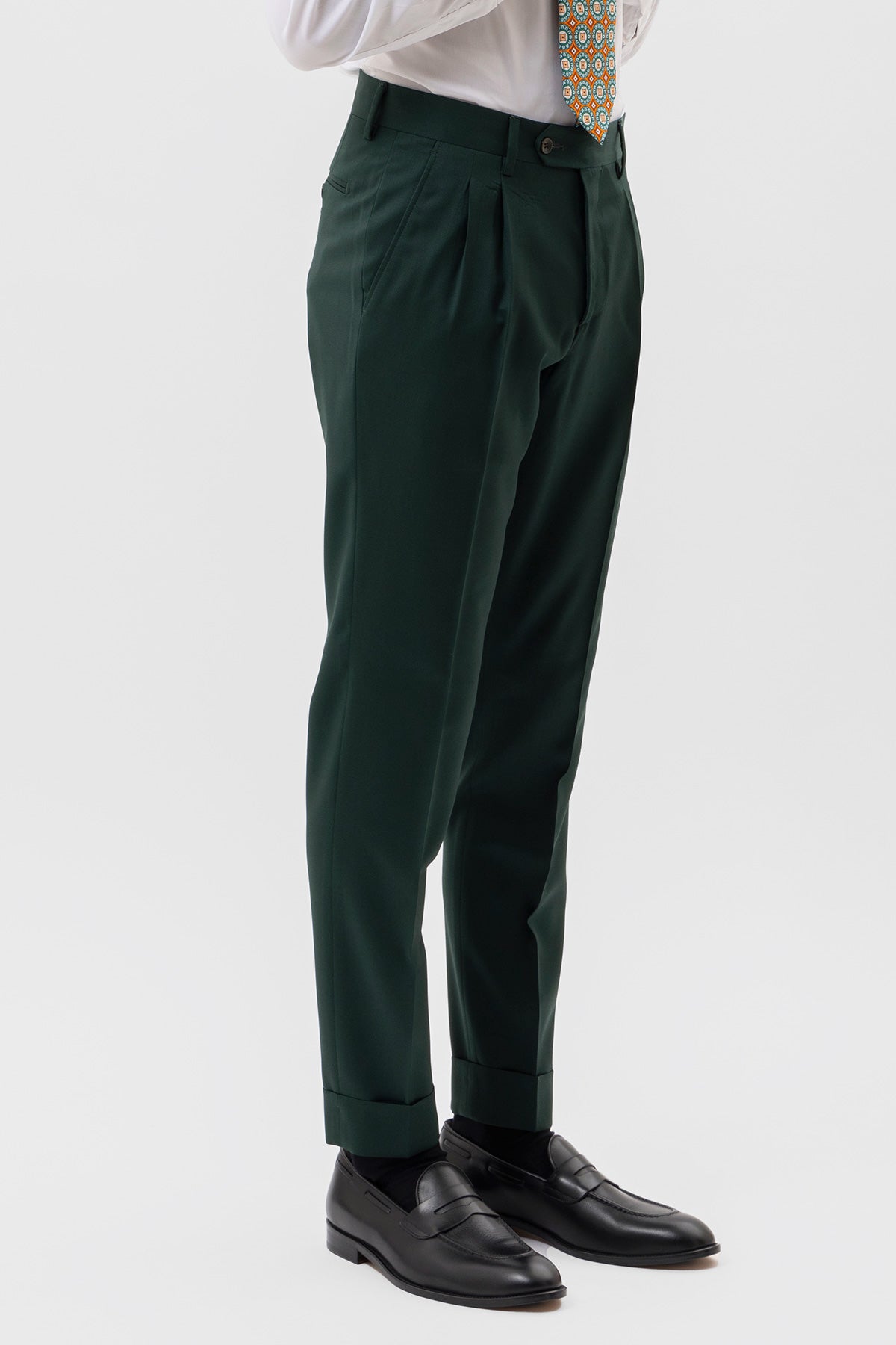 Pantalone Verde Bottiglia Vita  Alta Uomo Fresco Lana Super 130's Bristol Tessuti Con Doppia Pinces E Risvolto 5cm