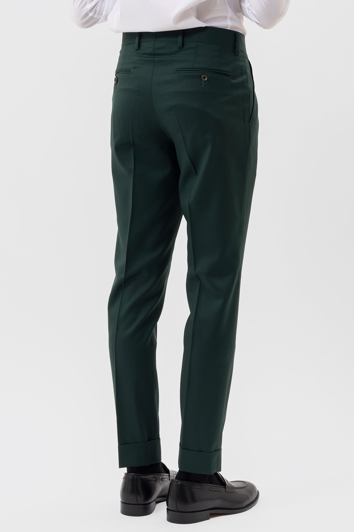 Pantalone Verde Bottiglia Vita  Alta Uomo Fresco Lana Super 130's Bristol Tessuti Con Doppia Pinces E Risvolto 5cm