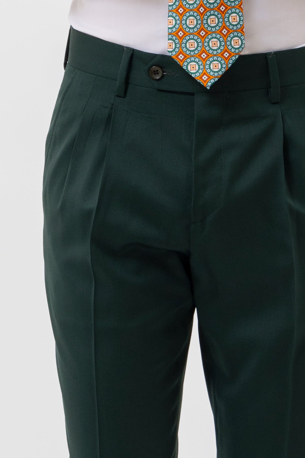 Pantalone Verde Bottiglia Vita  Alta Uomo Fresco Lana Super 130's Bristol Tessuti Con Doppia Pinces E Risvolto 5cm