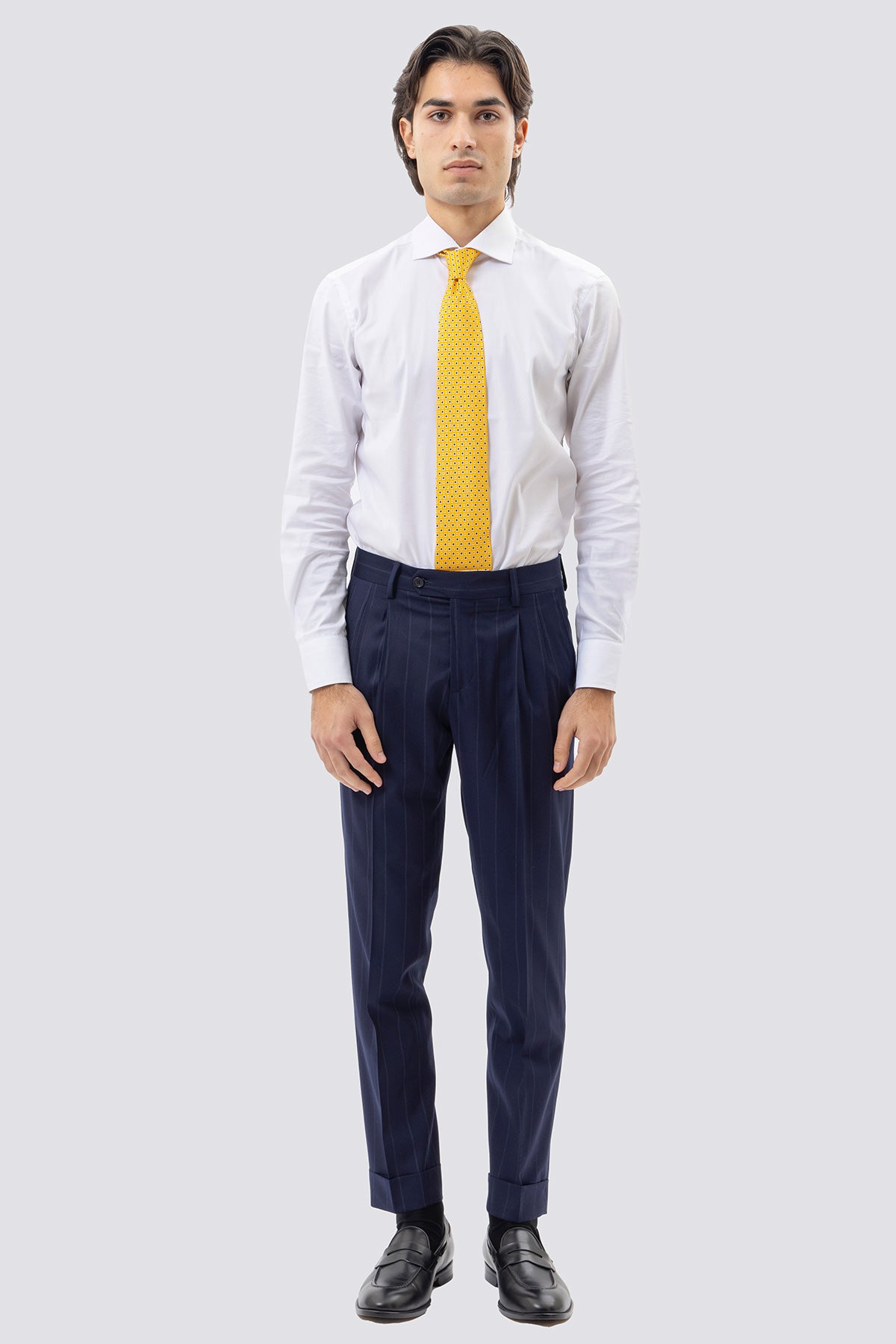 Pantalone Vita  Alta Blu Gessato Uomo Fresco Lana Mista Con Doppia Pinces E Risvolto 5 Cm