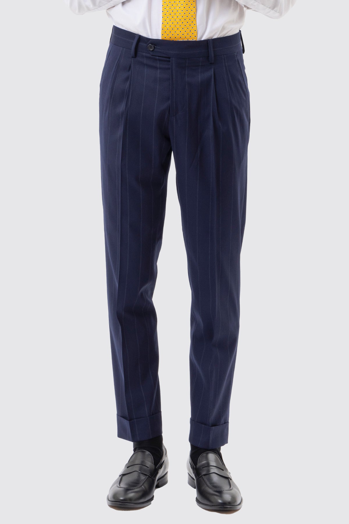 Pantalone Vita  Alta Blu Gessato Uomo Fresco Lana Mista Con Doppia Pinces E Risvolto 5 Cm