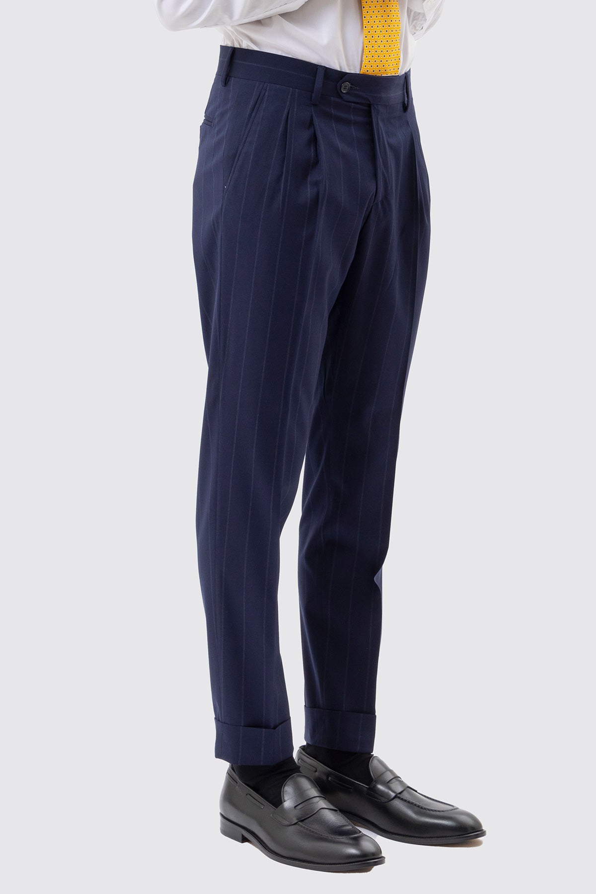 Pantalone Vita  Alta Blu Gessato Uomo Fresco Lana Mista Con Doppia Pinces E Risvolto 5 Cm
