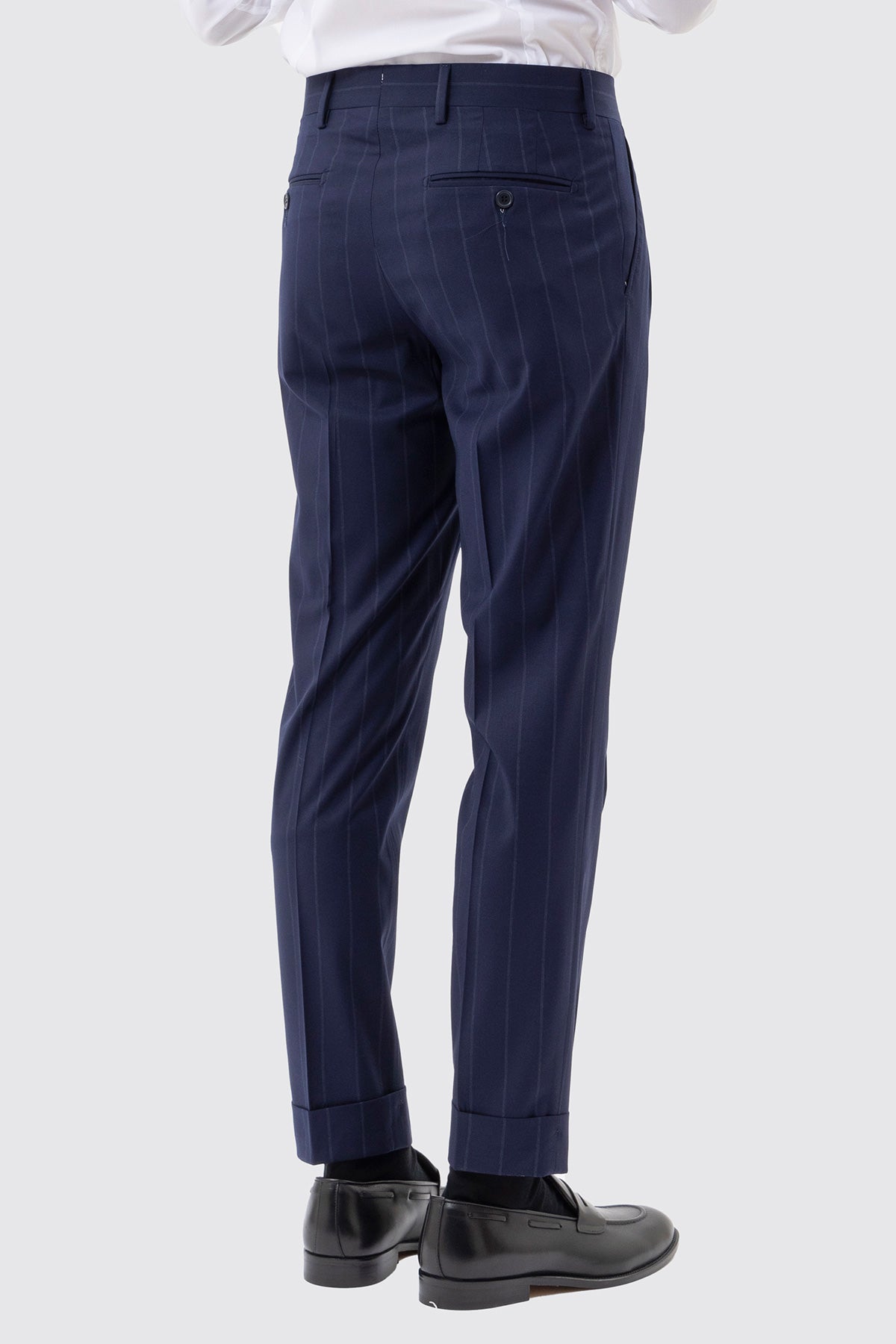 Pantalone Vita  Alta Blu Gessato Uomo Fresco Lana Mista Con Doppia Pinces E Risvolto 5 Cm