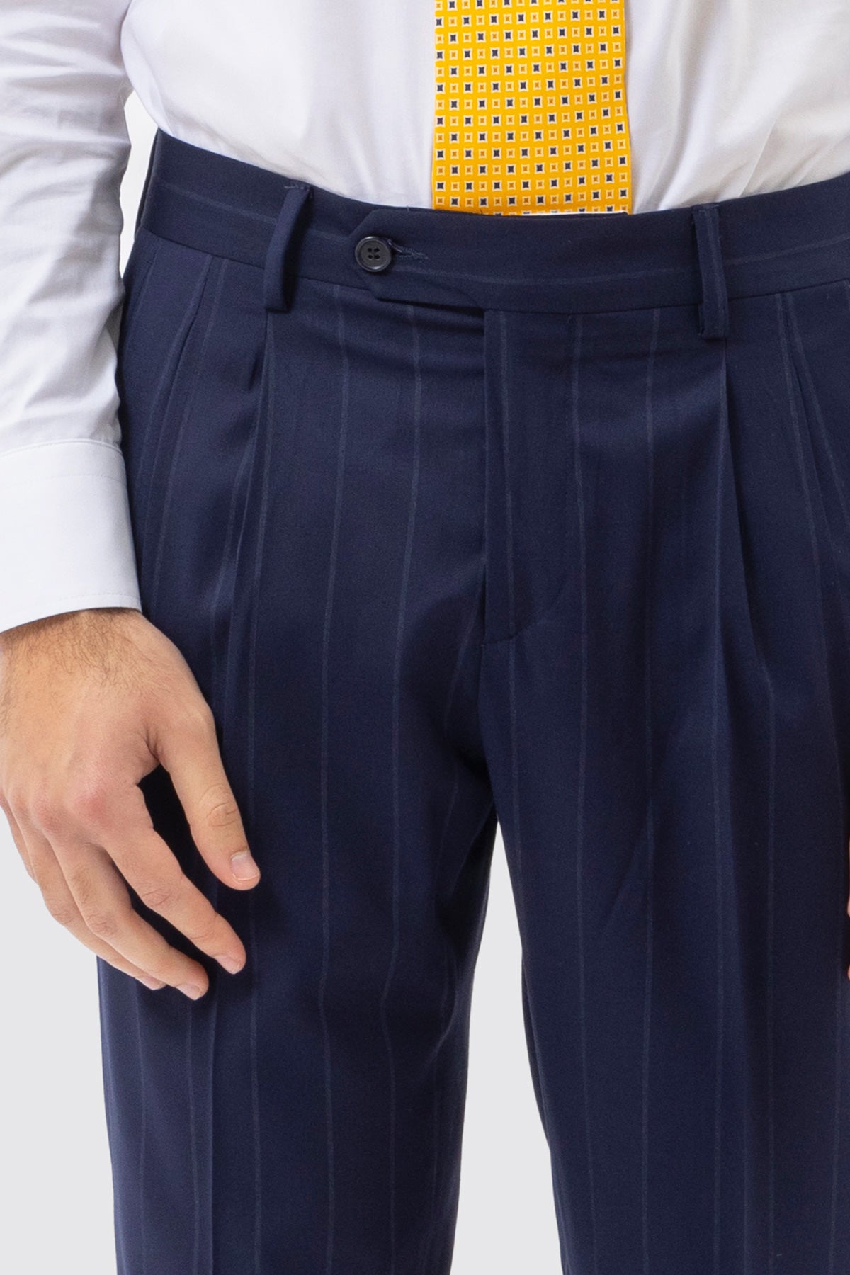 Abito Uomo Doppiopetto Blu Gessata Bianca Uomo Rever A Lancia 13cm Tasche A Filo