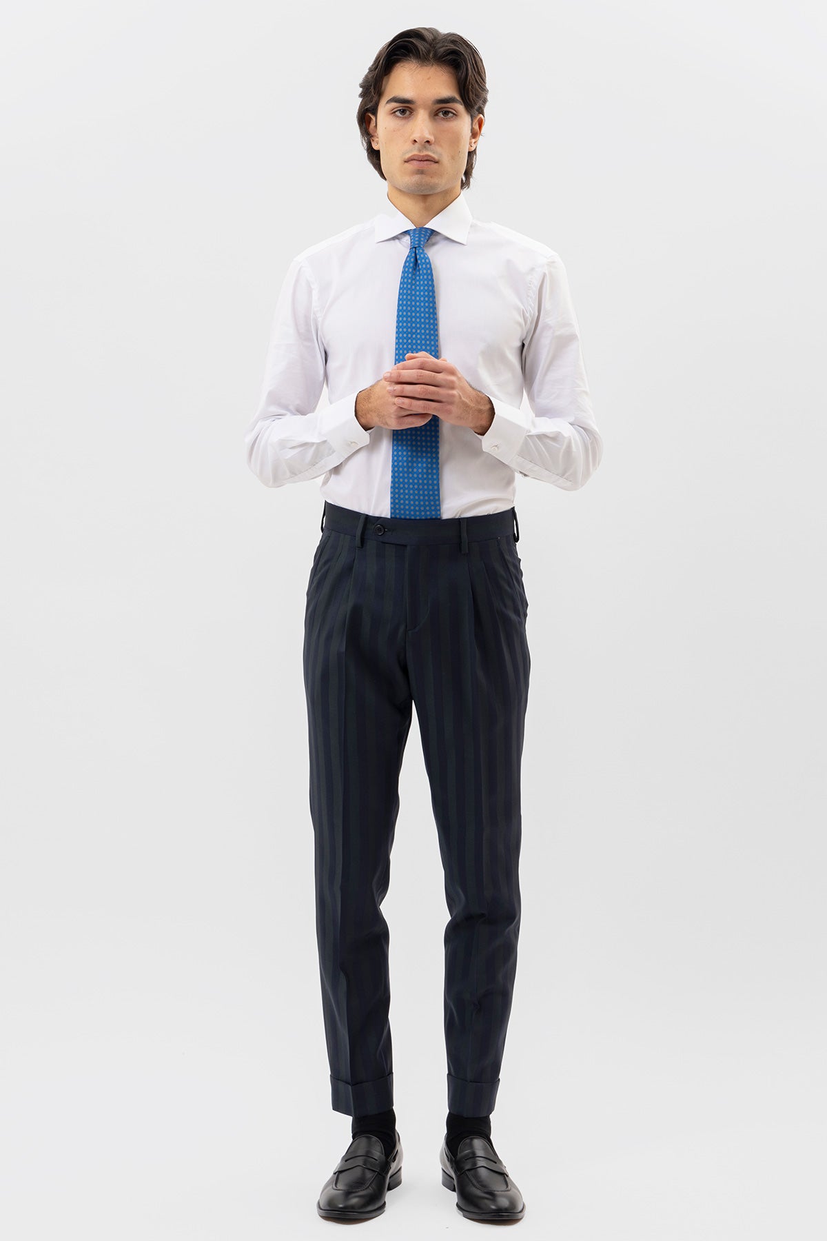 PANTALONE BLU RIGA VERDE VITA  ALTA IN FRESCO LANA SUPER 150'S BRISTOL TESSUTI NAPOLI DOPPIA PINCES E RISVOLTO 5CM.