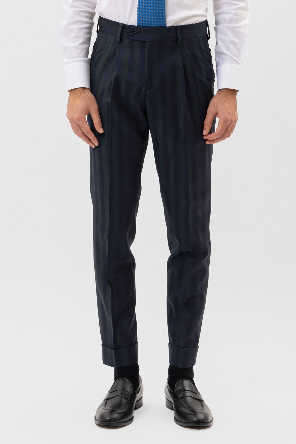 PANTALONE BLU RIGA VERDE VITA  ALTA IN FRESCO LANA SUPER 150'S BRISTOL TESSUTI NAPOLI DOPPIA PINCES E RISVOLTO 5CM.