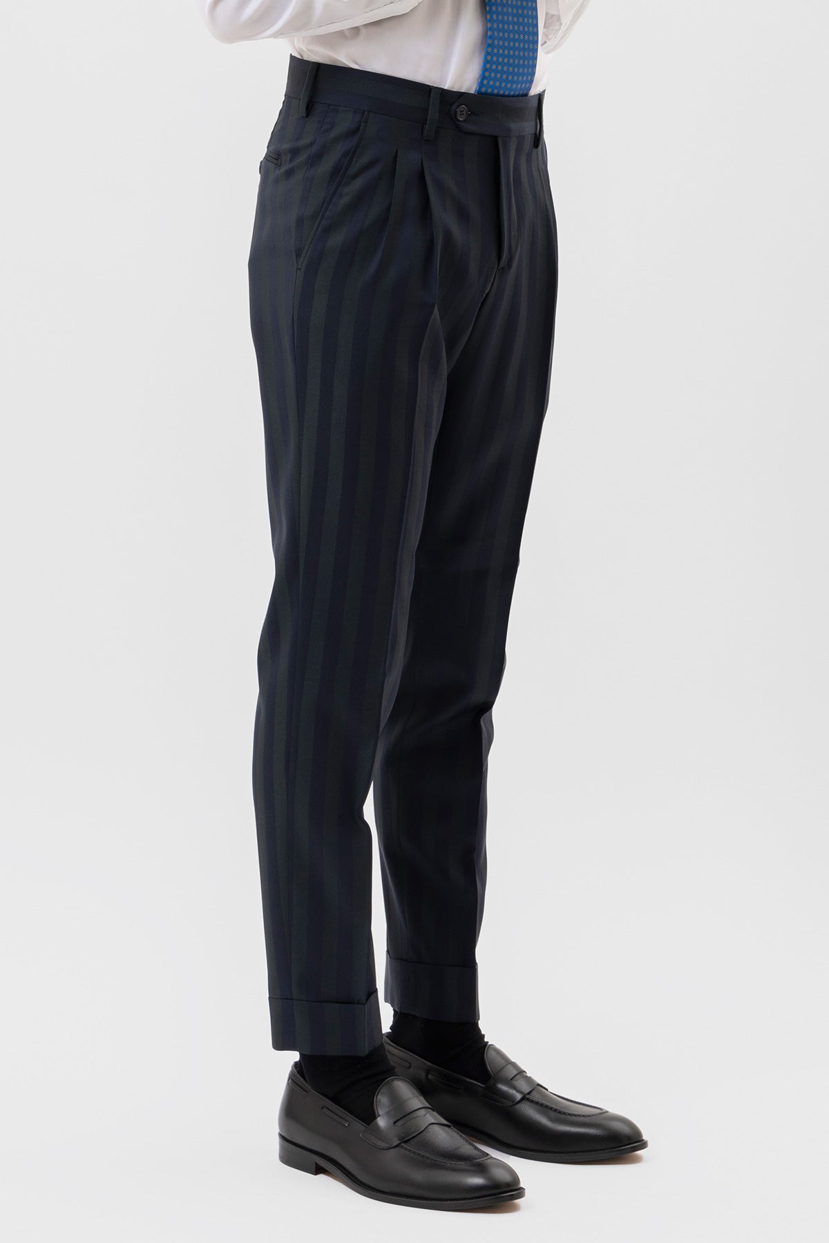 PANTALONE BLU RIGA VERDE VITA  ALTA IN FRESCO LANA SUPER 150'S BRISTOL TESSUTI NAPOLI DOPPIA PINCES E RISVOLTO 5CM.