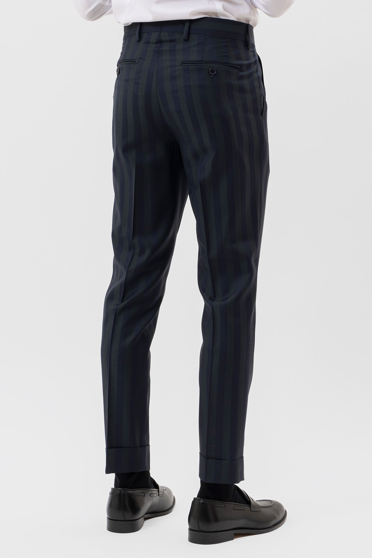 PANTALONE BLU RIGA VERDE VITA  ALTA IN FRESCO LANA SUPER 150'S BRISTOL TESSUTI NAPOLI DOPPIA PINCES E RISVOLTO 5CM.