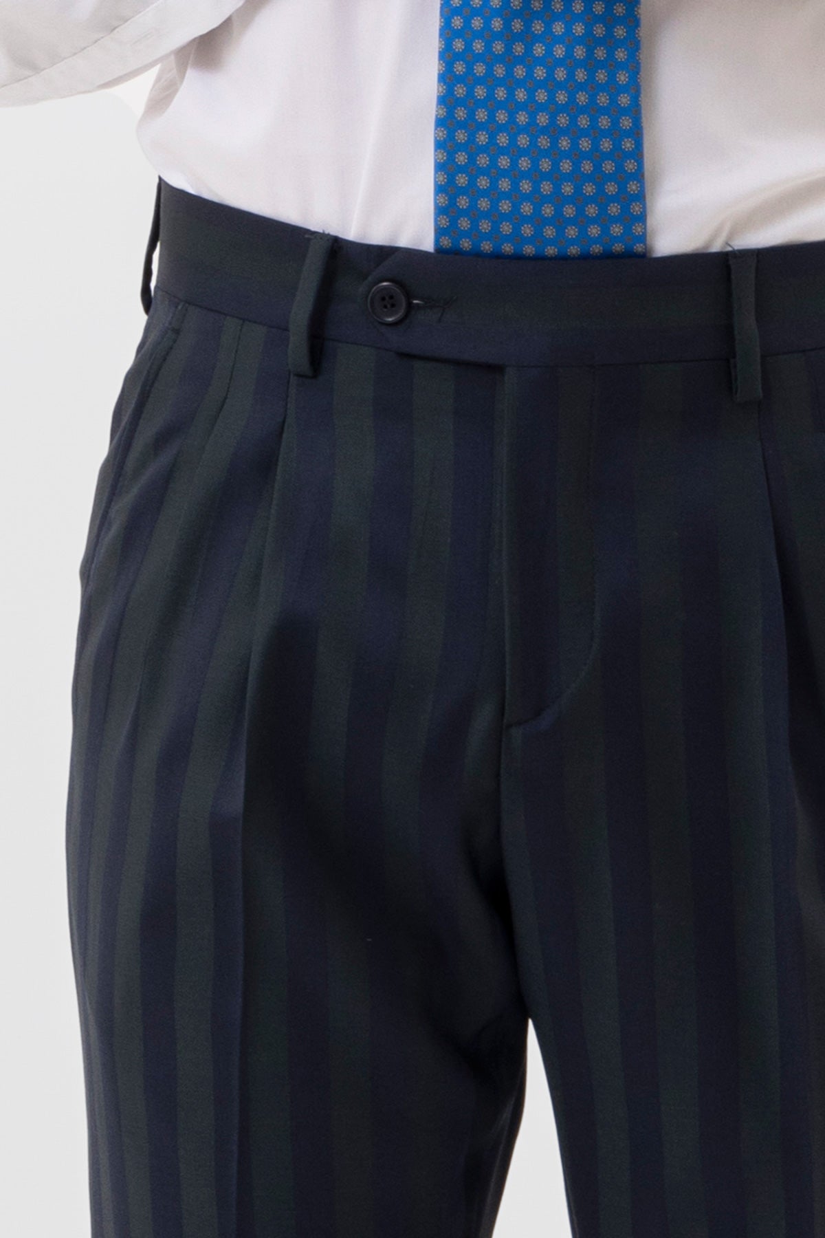 PANTALONE BLU RIGA VERDE VITA  ALTA IN FRESCO LANA SUPER 150'S BRISTOL TESSUTI NAPOLI DOPPIA PINCES E RISVOLTO 5CM.
