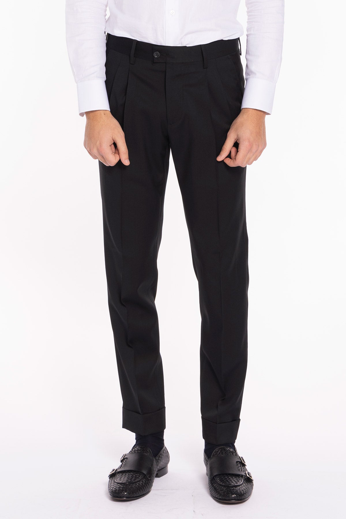 Pantalone Vita  Alta Nero Uomo Effetto Fresco Lana Con Doppia Pinces E Risvolto 5 Cm