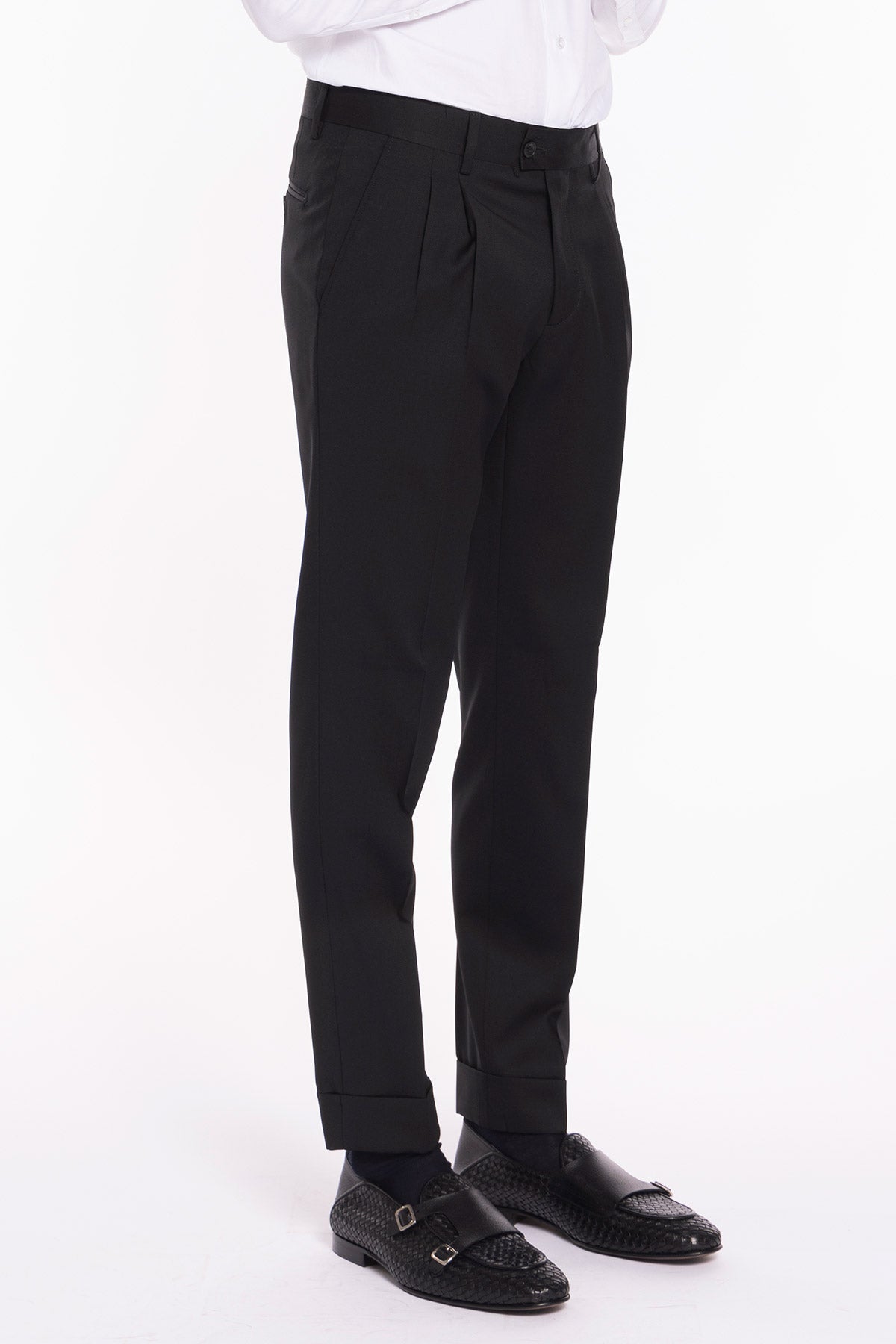 Pantalone Vita  Alta Nero Uomo Effetto Fresco Lana Con Doppia Pinces E Risvolto 5 Cm
