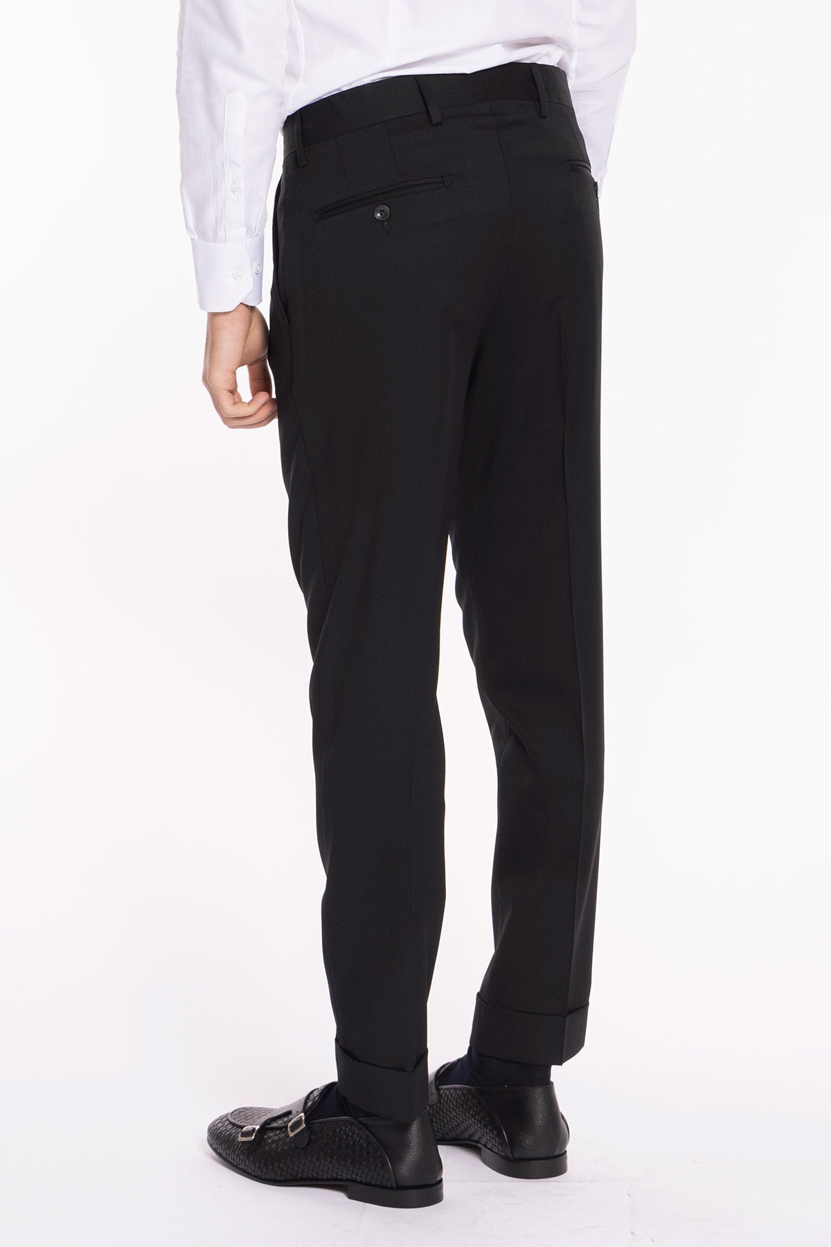Pantalone Vita  Alta Nero Uomo Effetto Fresco Lana Con Doppia Pinces E Risvolto 5 Cm