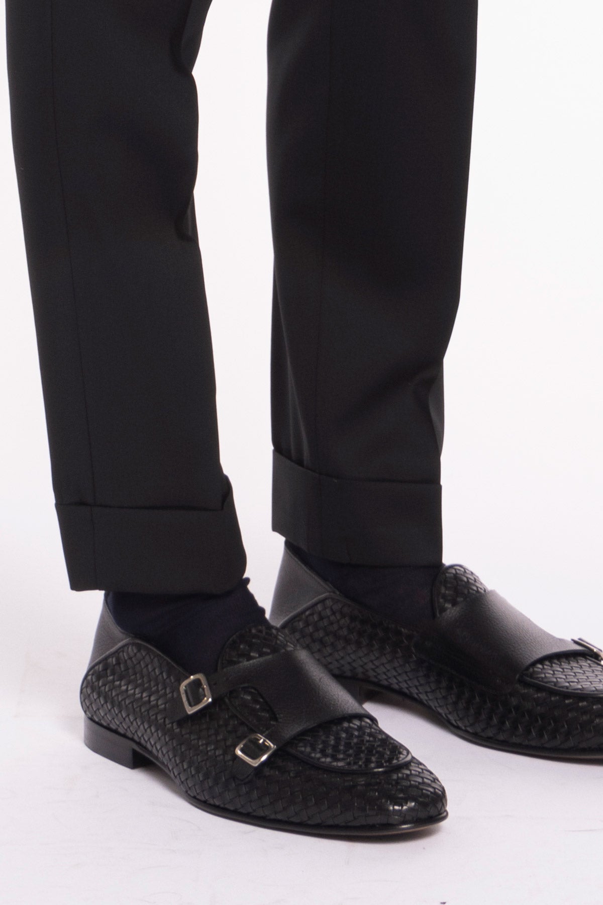 Pantalone Vita  Alta Nero Uomo Effetto Fresco Lana Con Doppia Pinces E Risvolto 5 Cm
