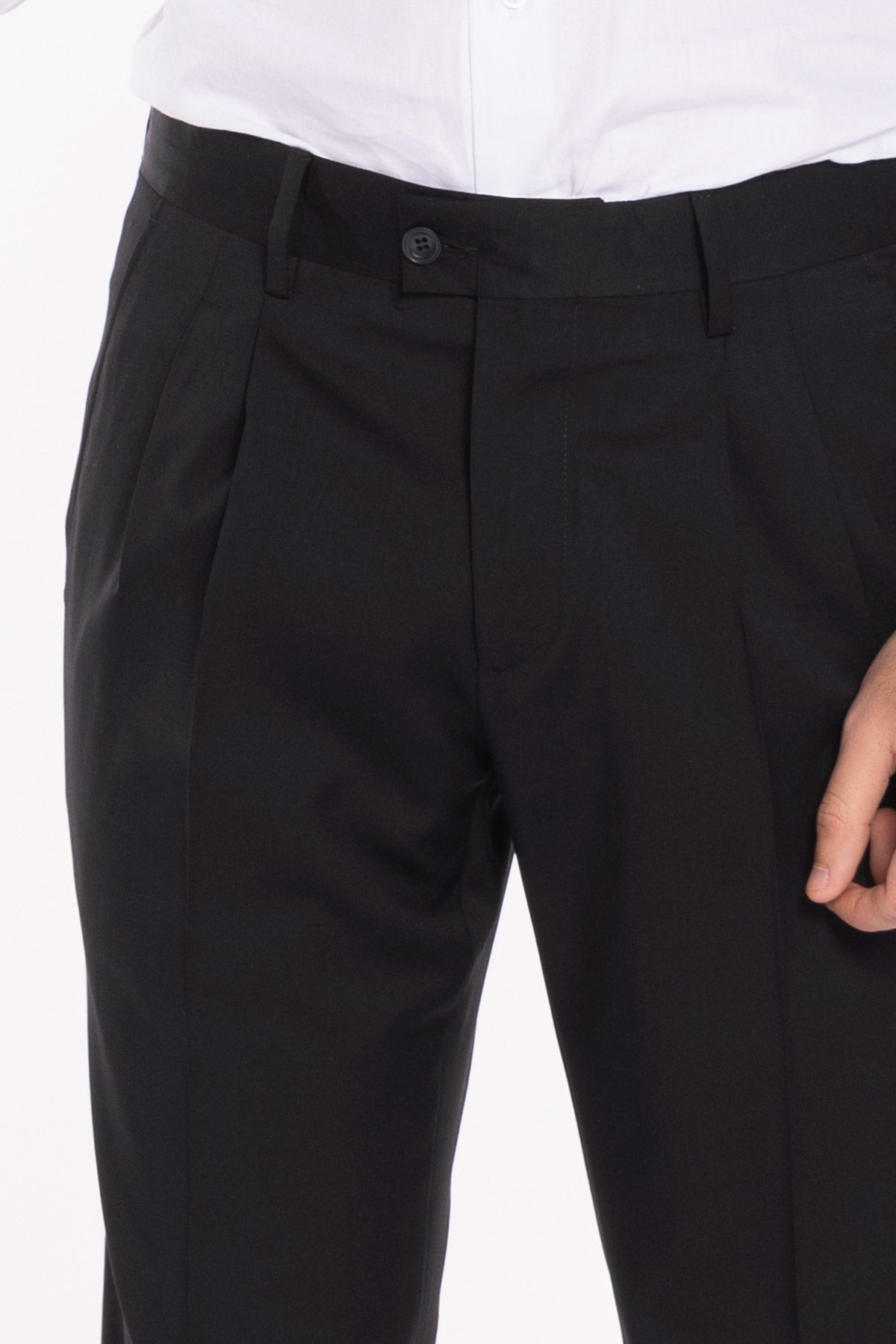 Pantalone Vita  Alta Nero Uomo Effetto Fresco Lana Con Doppia Pinces E Risvolto 5 Cm