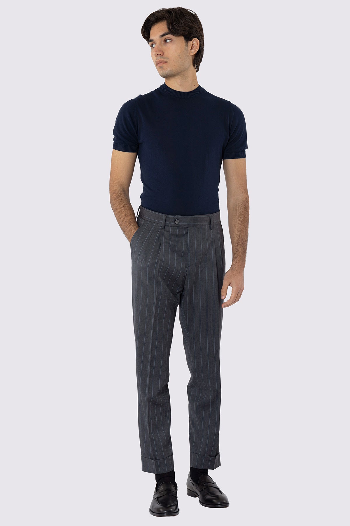 PANTALONE GRIGIO GESSATO CELESTE VITA ALTA  UOMO FRESCO LANA SUPER 130'S BRISTOL TESSUTI DOPPIA PINCES E RISVOLTO 5CM