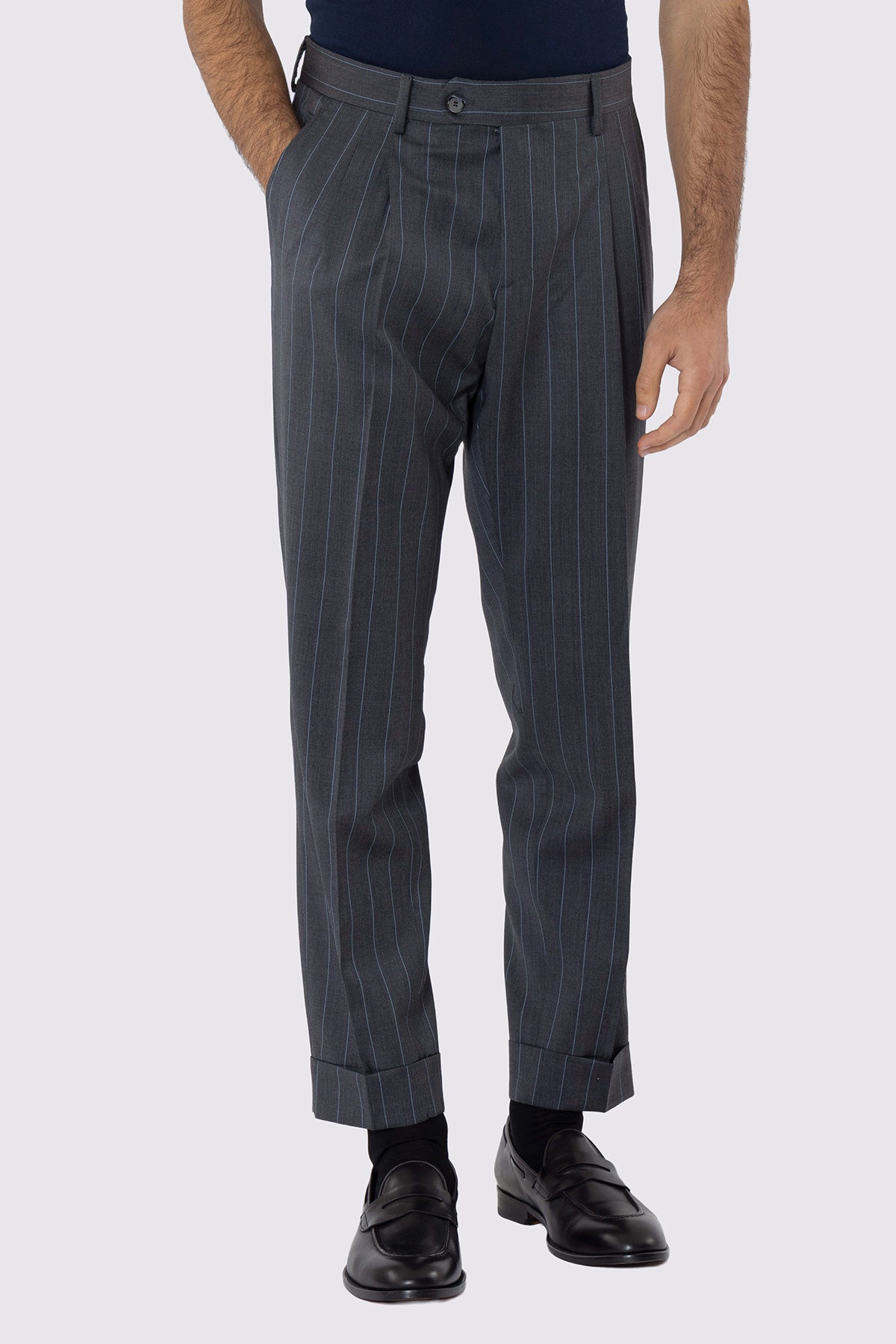 PANTALONE GRIGIO GESSATO CELESTE VITA ALTA  UOMO FRESCO LANA SUPER 130'S BRISTOL TESSUTI DOPPIA PINCES E RISVOLTO 5CM