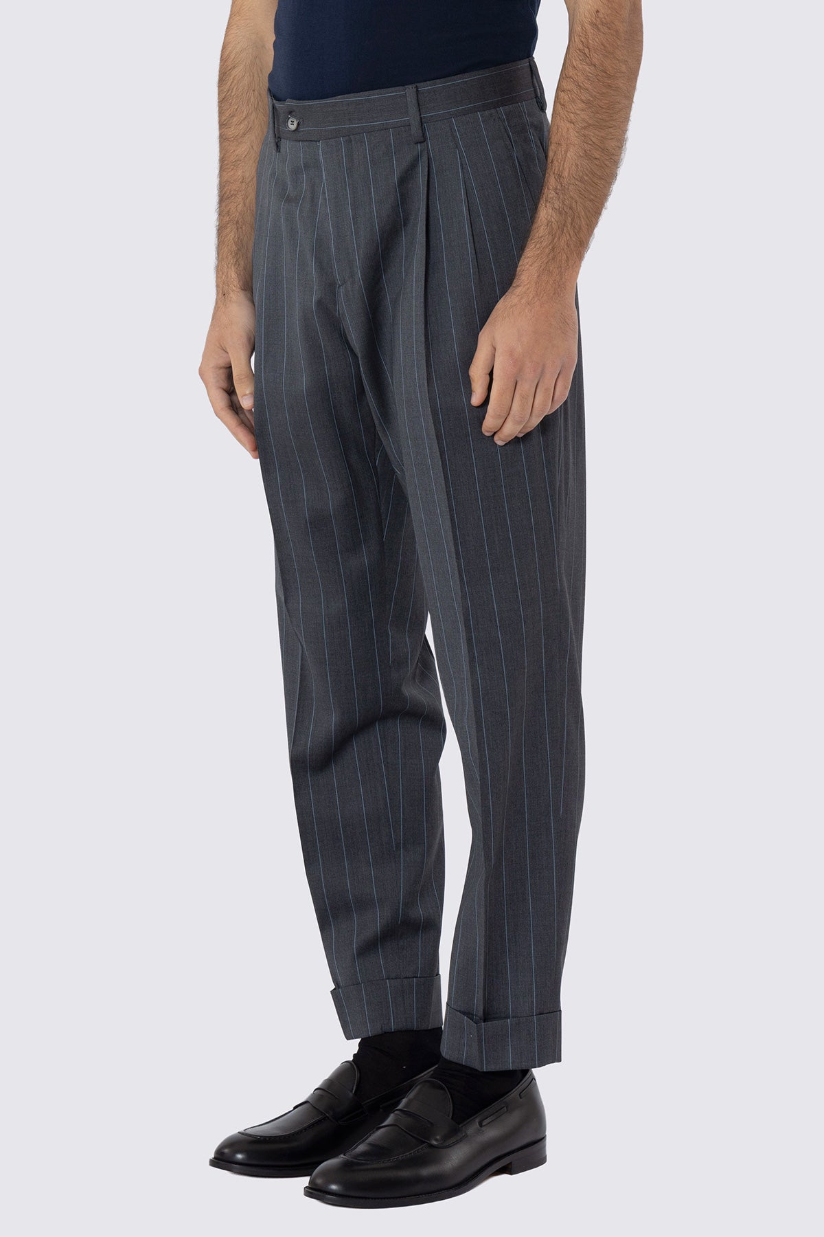 PANTALONE GRIGIO GESSATO CELESTE VITA ALTA  UOMO FRESCO LANA SUPER 130'S BRISTOL TESSUTI DOPPIA PINCES E RISVOLTO 5CM