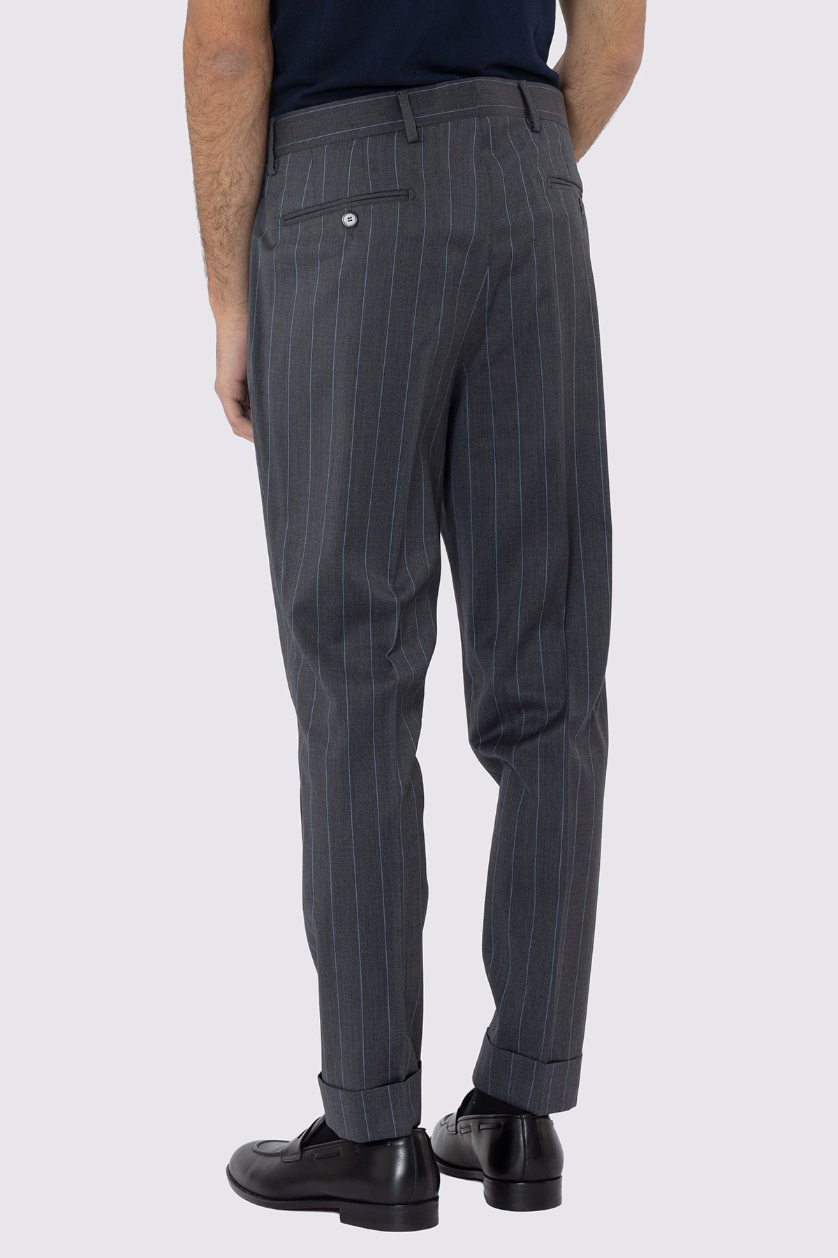PANTALONE GRIGIO GESSATO CELESTE VITA ALTA  UOMO FRESCO LANA SUPER 130'S BRISTOL TESSUTI DOPPIA PINCES E RISVOLTO 5CM