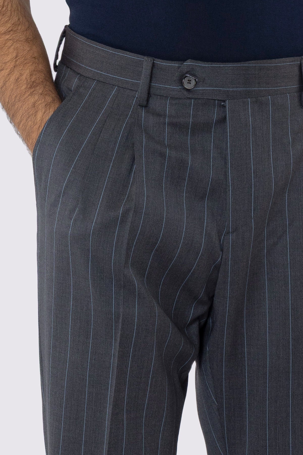 PANTALONE GRIGIO GESSATO CELESTE VITA ALTA  UOMO FRESCO LANA SUPER 130'S BRISTOL TESSUTI DOPPIA PINCES E RISVOLTO 5CM