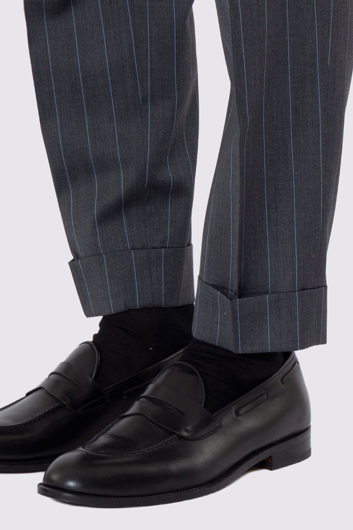 PANTALONE GRIGIO GESSATO CELESTE VITA ALTA  UOMO FRESCO LANA SUPER 130'S BRISTOL TESSUTI DOPPIA PINCES E RISVOLTO 5CM