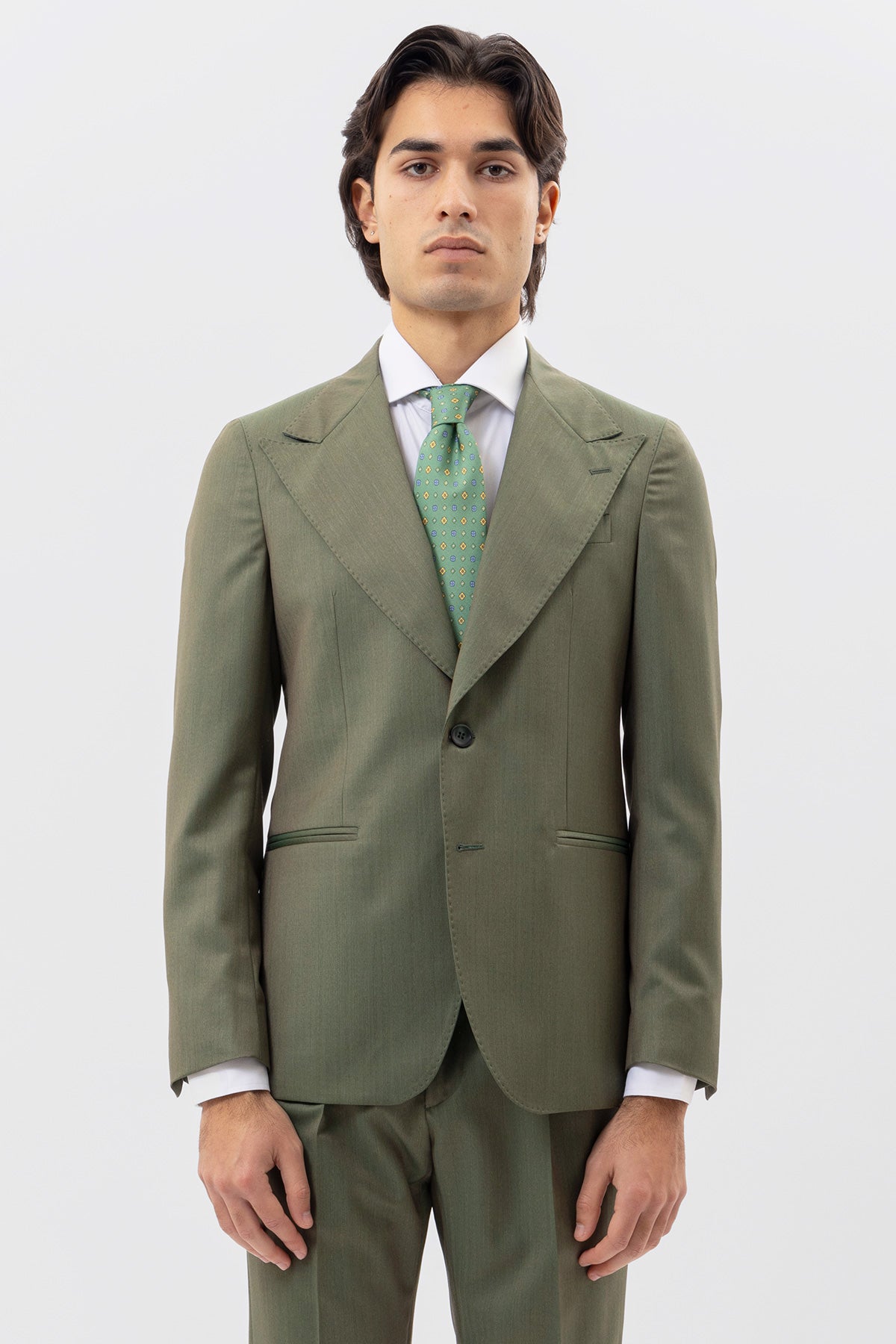 Giacca verde solaro monopetto uomo in fresco lana vitale barberis canonico con rever a lancia tasche a filo