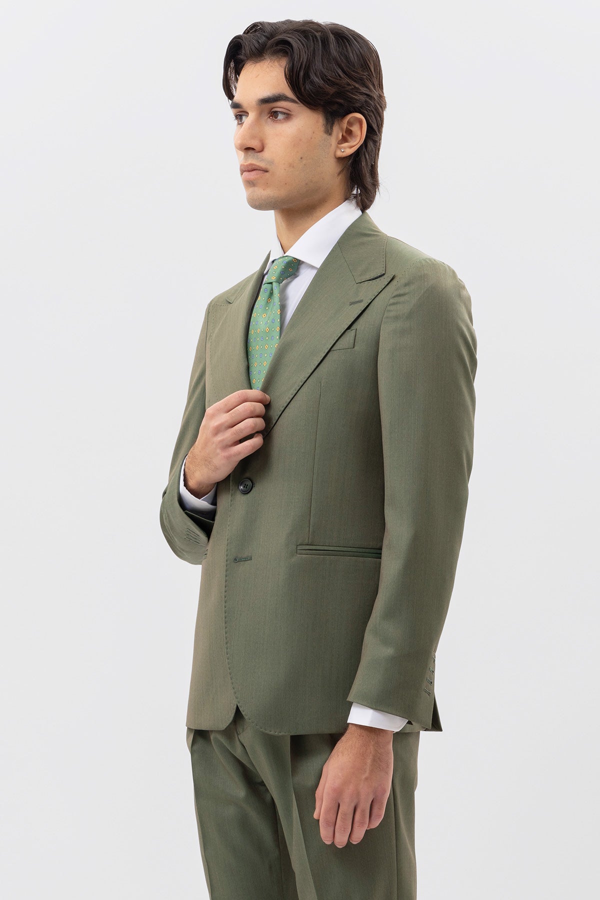 Giacca verde solaro monopetto uomo in fresco lana vitale barberis canonico con rever a lancia tasche a filo