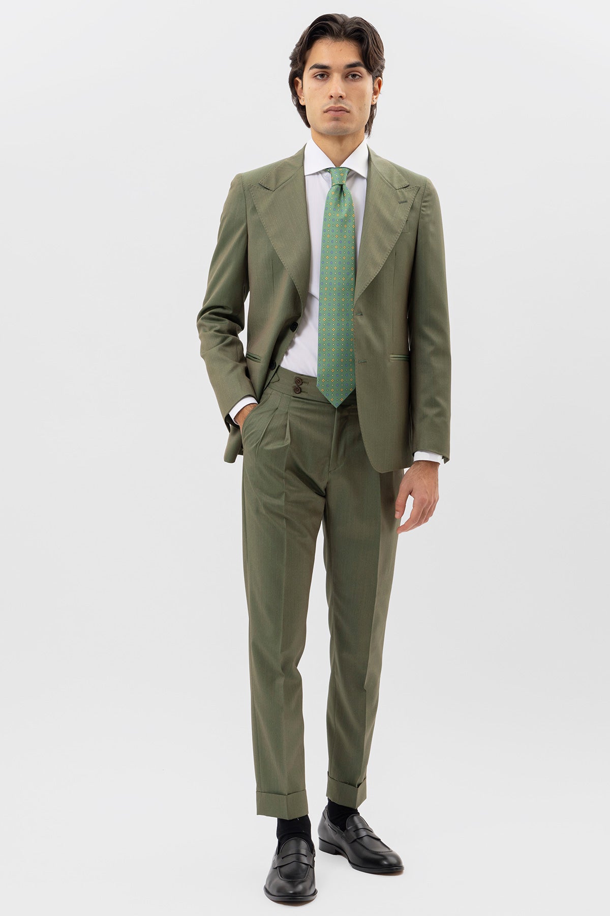 Giacca verde solaro monopetto uomo in fresco lana vitale barberis canonico con rever a lancia tasche a filo