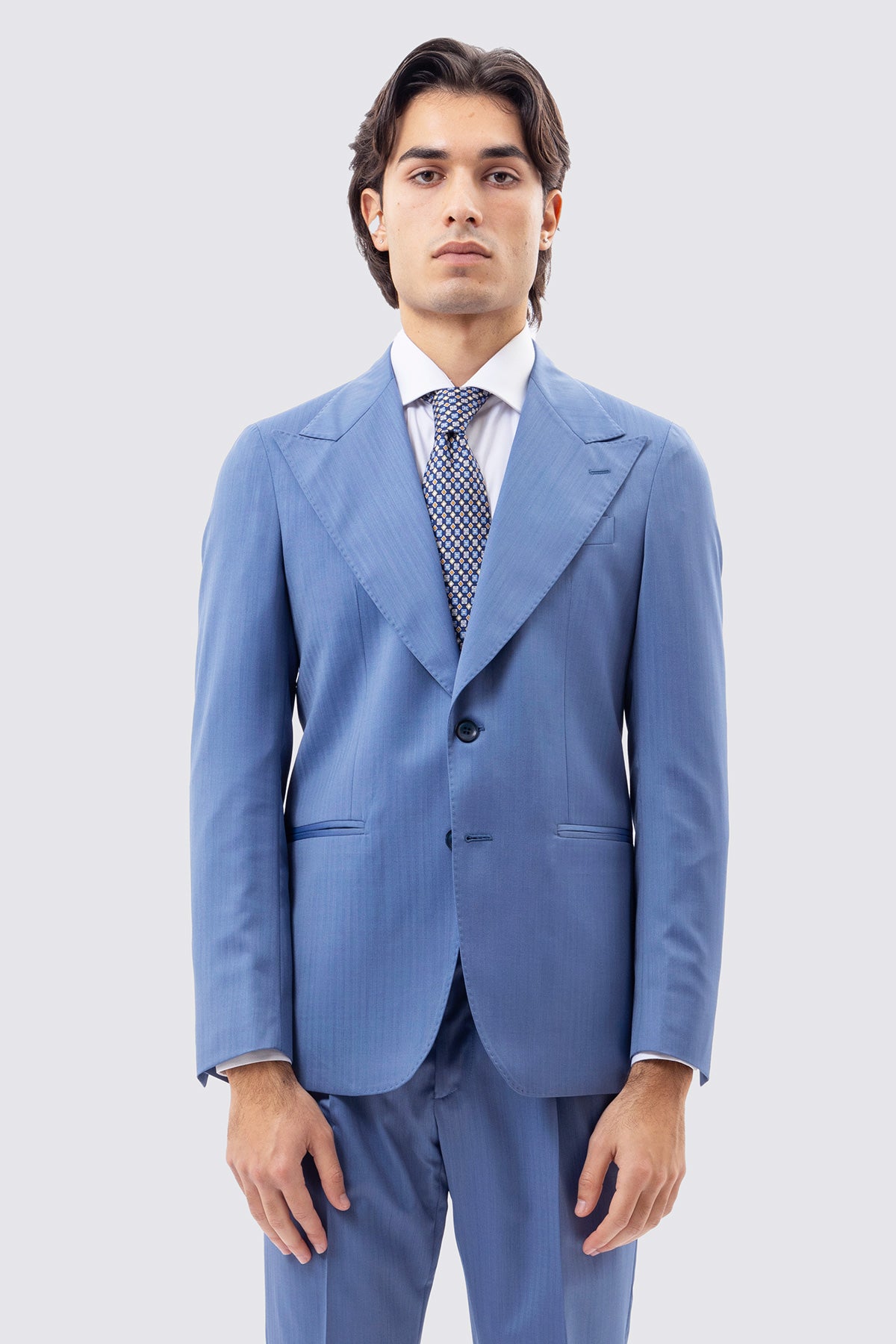 Giacca Monopetto Celeste Solaro Uomo In Lana E Seta Holland & Sherry Rever A Lancia 13cm E Tasche A Filo