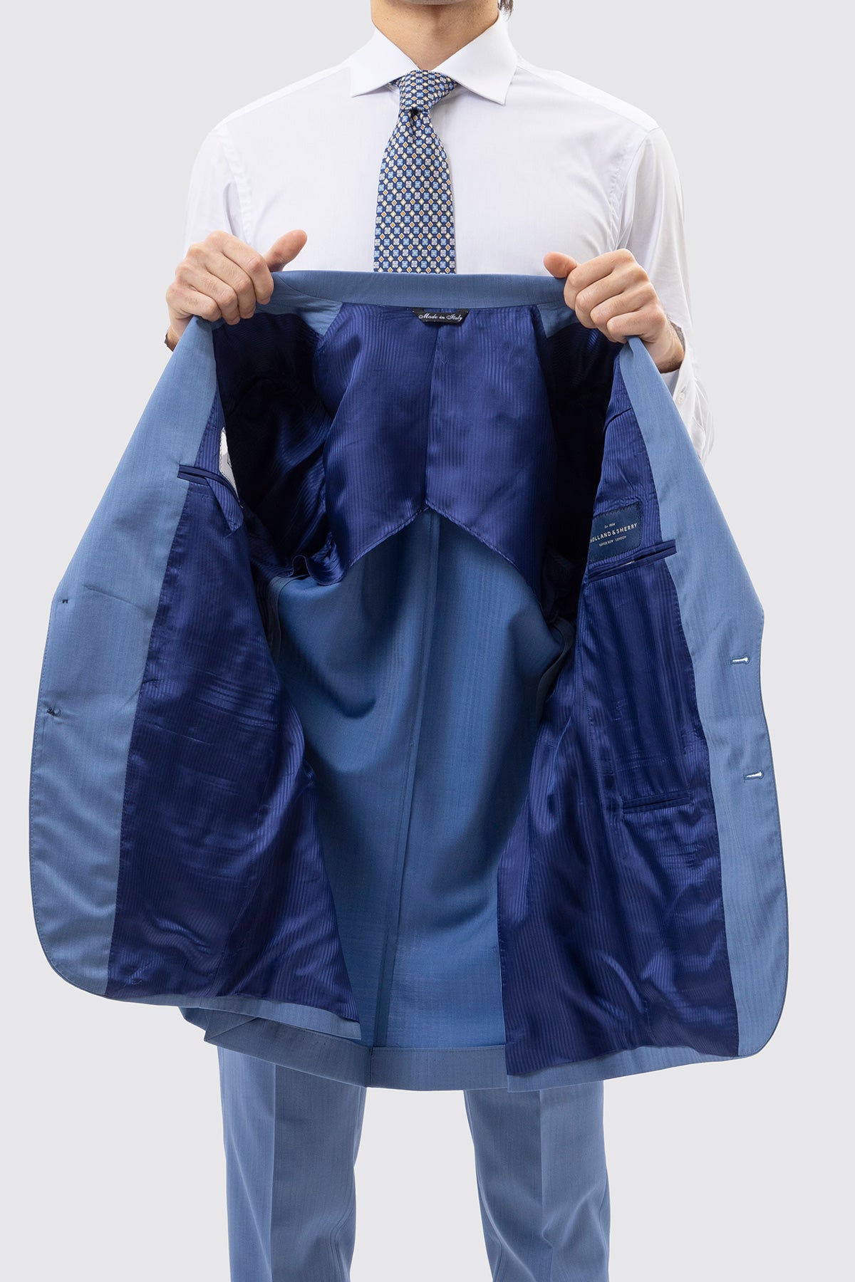 Giacca Monopetto Celeste Solaro Uomo In Lana E Seta Holland & Sherry Rever A Lancia 13cm E Tasche A Filo
