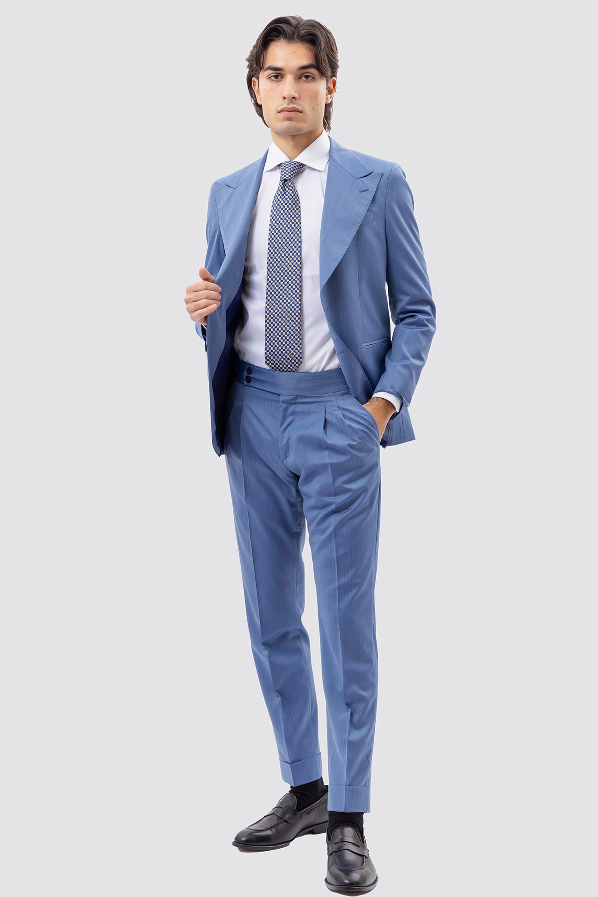 Giacca Monopetto Celeste Solaro Uomo In Lana E Seta Holland & Sherry Rever A Lancia 13cm E Tasche A Filo