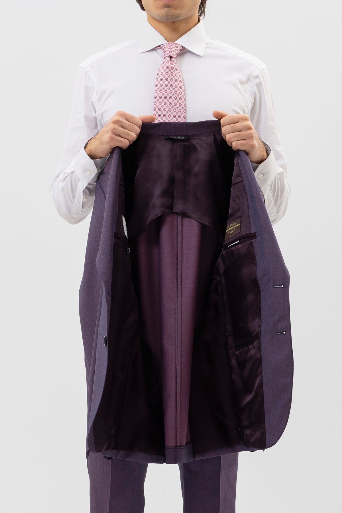 Abito viola solaro monopetto uomo in fresco lana Vitale Barberis Canonico con rever a lancia tasche a filo .